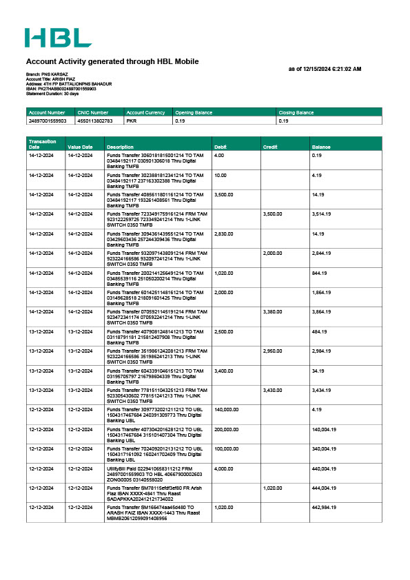 Pakistan HBL Editable Account Activity Statement Template in Word and PDF formats 4 page