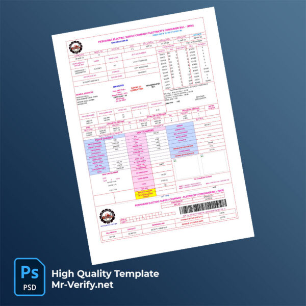 Pakistan Khyber Pakhtunkhwa Peshawar Electric Supply Company Editable Electricity Consumer Bill Template in Word and PDF formats