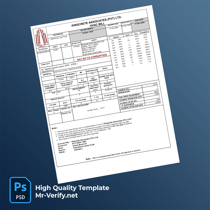 Pakistan Kingcrete Associates (Pvt) Ltd Editable HVAC Bill Template in Word and PDF formats Pakistan Kingcrete Associates (Pvt) Ltd Editable HVAC Bill Template in Word and PDF formats