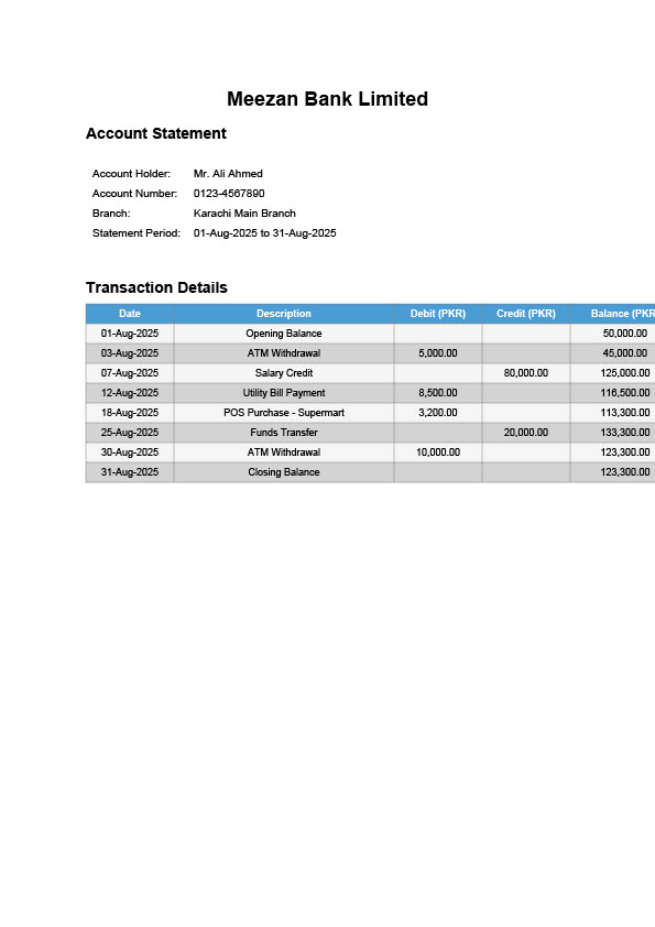 Pakistan Meezan Bank Limited Editable Account Statement Template in Word and PDF formats