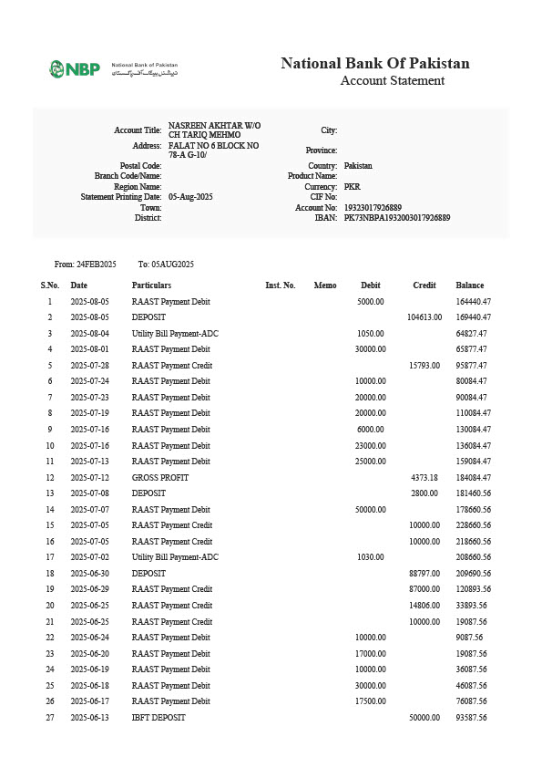 Pakistan National Bank Editable Account Statement Template in Word and PDF formats 3 page