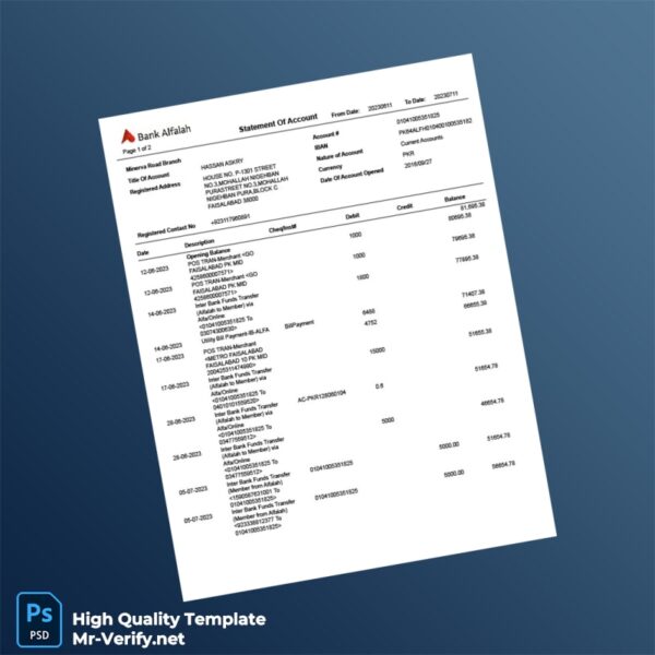 Pakistan Alfalah Bank Editable Statement Of Account Template in Word and PDF formats 2 page