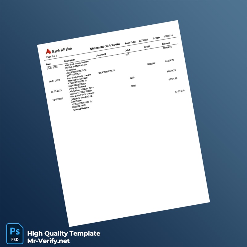 Pakistan Alfalah Bank Editable Statement Of Account Template in Word and PDF formats 2 page Pakistan Alfalah Bank Editable Statement Of Account Template in Word and PDF formats 2 page