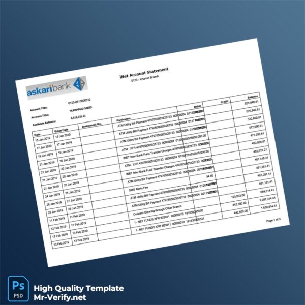 Pakistan Askari Bank Editable Account Statement Template in Word and PDF formats 3 page