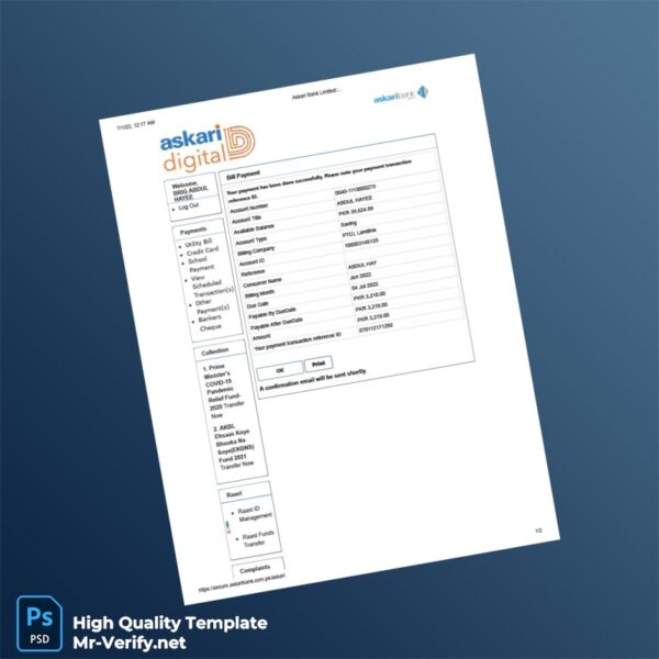 Pakistan Askari Bank Editable Internet Banking Template in Word and PDF formats 2 page