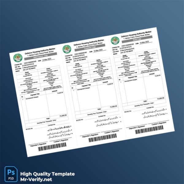 Pakistan Defence Housing Authority Editable Challan Template in Word and PDF formats