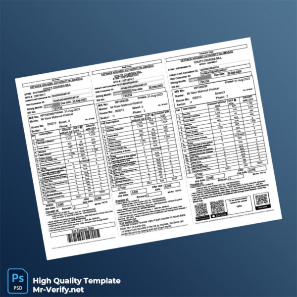 Pakistan Defence Housing Authority Islamabad Editable Utility Bill Template in Word and PDF formats