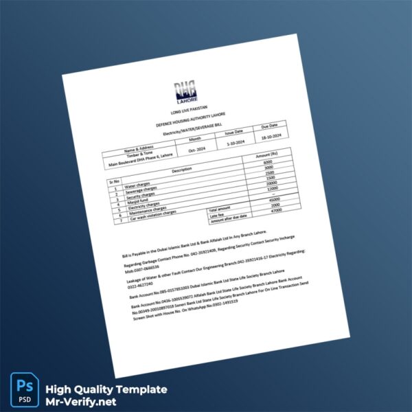 Pakistan Defence Housing Authority Lahore Editable Electricity_Water_Sewerage Bill Template in Word and PDF formats