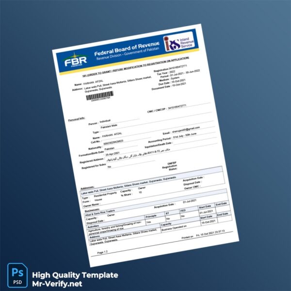 Pakistan Editable Tax Registration Document Template in Word and PDF formats 2 page