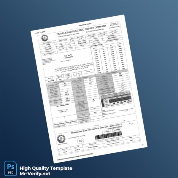 Pakistan Faisalabad Electric Supply Company Editable Electricity Bill Template in Word and PDF formats