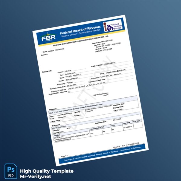 Pakistan Federal Board of Revenue Editable Income Tax Registration Form Template in Word and PDF formats 2 page