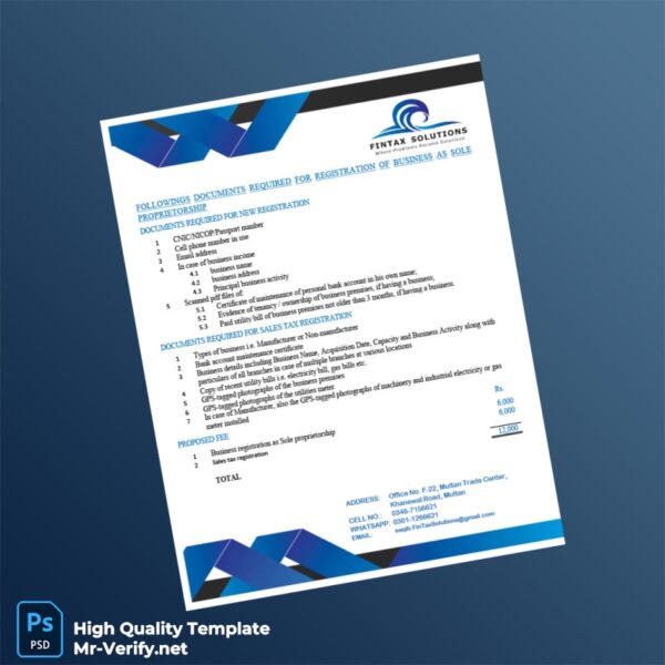 Pakistan Fintax Solutions Editable Sole Proprietorship Business Registration Template in Word and PDF formats