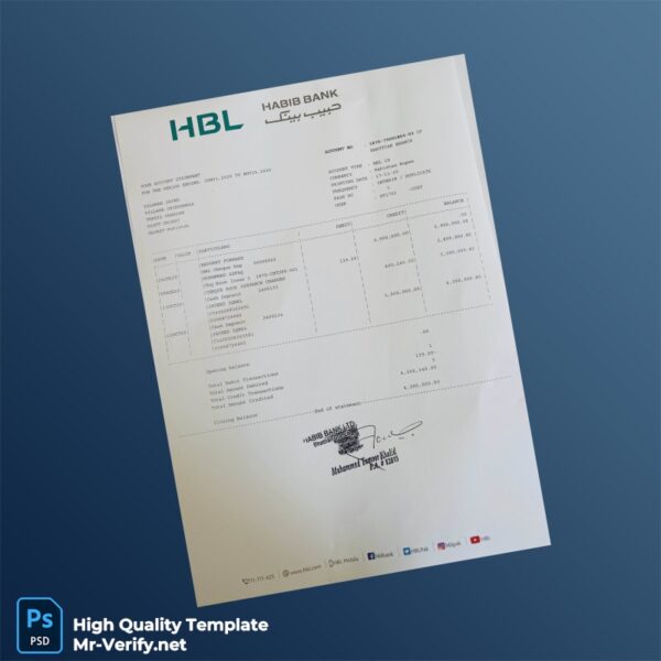 Pakistan HBL Bank Statement Template in Word and PDF formats 2 page