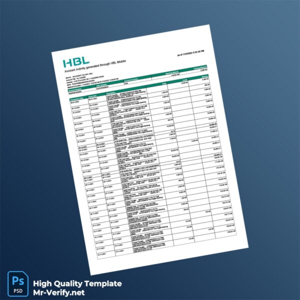 Pakistan HBL Editable Account Activity Statement Template in Word and PDF formats 2 page