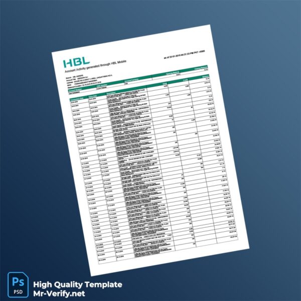 Pakistan HBL Editable Bank Statement Template in Word and PDF formats 2 page