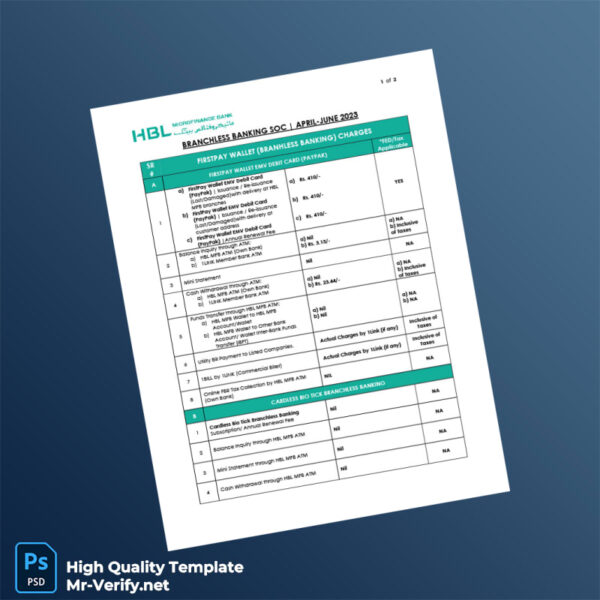Pakistan HBL MFB Editable Branchless Banking Charges Template in Word and PDF formats 2 page