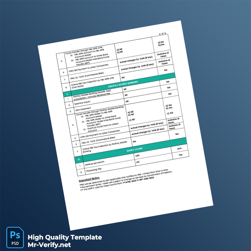 Pakistan HBL MFB Editable Branchless Banking Charges Template in Word and PDF formats 2 page Pakistan HBL MFB Editable Branchless Banking Charges Template in Word and PDF formats 2 page