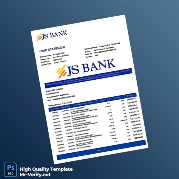 Pakistan JS Bank Bank Statement Template in Word and PDF formats 3 page