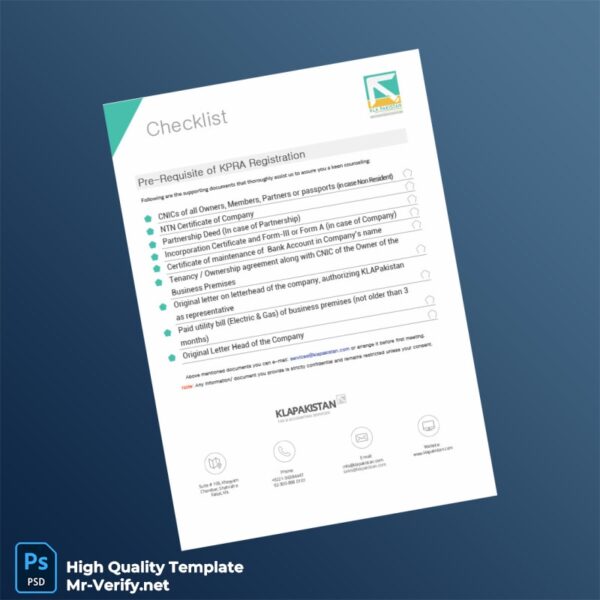Pakistan KLA Pakistan Editable Checklist of KPRA Registration Template in Word and PDF formats