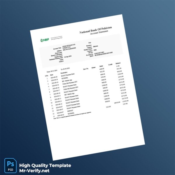 Pakistan National Bank Editable Statement Template in Word and PDF formats