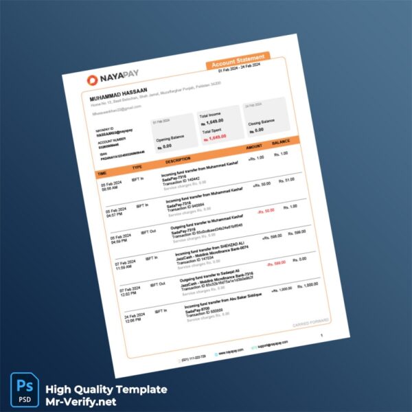 Pakistan NayaPay Account Statement Template in Word and PDF formats 2 page