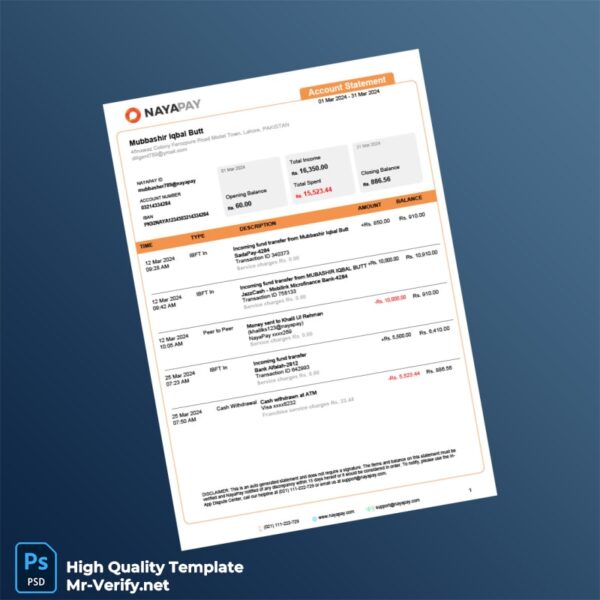 Pakistan NayaPay Bank Statement Template in Word and PDF formats