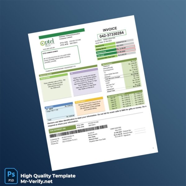 Pakistan PTCL Editable Utility Bill Template in Word and PDF formats