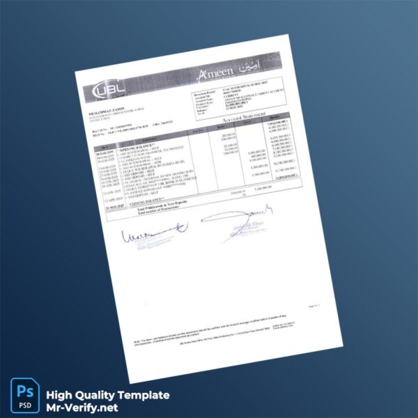 Pakistan UBL Bank Statement Template in Word and PDF formats