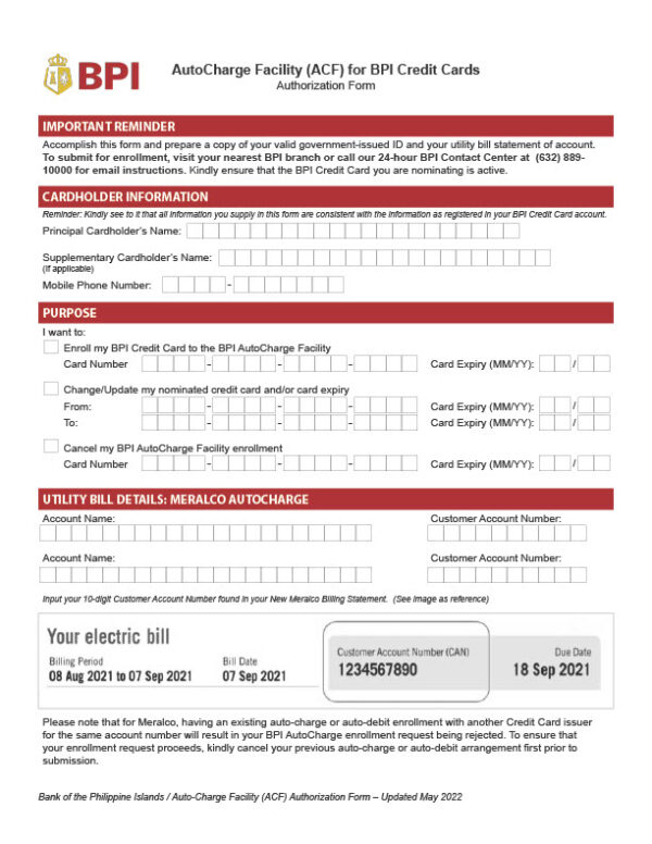 Philippines BPI Editable Credit Card Authorization Form Template in Word and PDF formats 2 page