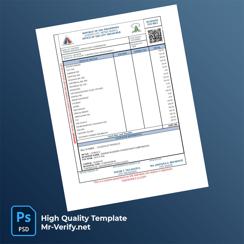 Philippines Finman Business Consultancy Corporation Editable Tax Bill Template in Word and PDF formats Philippines Finman Business Consultancy Corporation Editable Tax Bill Template in Word and PDF formats