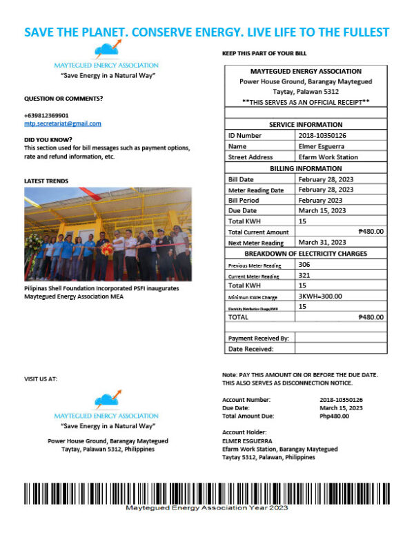 Philippines Maytegued Energy Association Editable Electricity Bill Template in Word and PDF formats