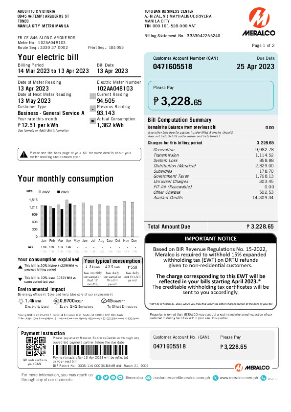Philippines Meralco Editable Electricity Bill Template in Word and PDF formats 2 page