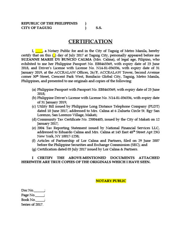 Philippines Notary Public Editable Certification Template in Word and PDF formats