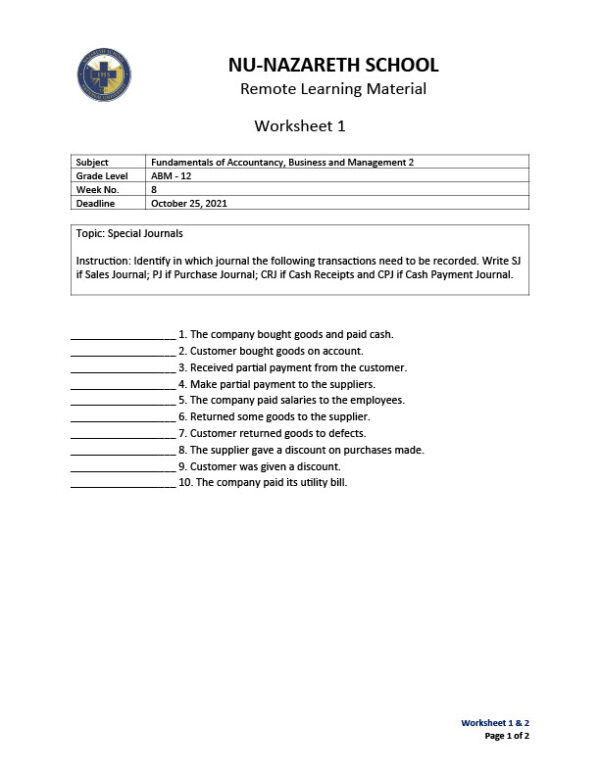 Philippines Nu-Nazareth School Editable Remote Learning Material Template in Word and PDF formats 2 page
