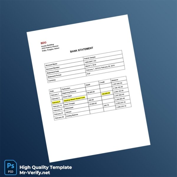 Philippines BDO Bank Statement Template in Word and PDF formats 6 page
