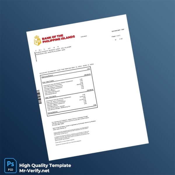 Philippines Bank Of The Philippines Islands Bank Statement Template in Word and PDF formats 4 page