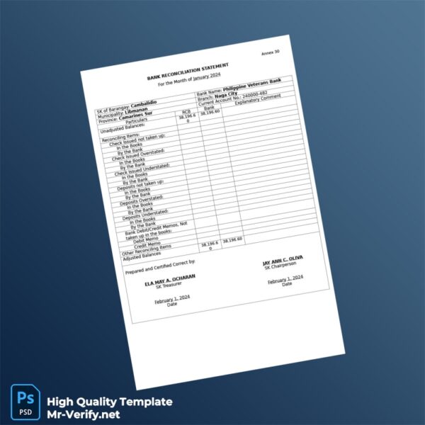 Philippines Bank Reconciliation Statement Template in Word and PDF formats 6 page