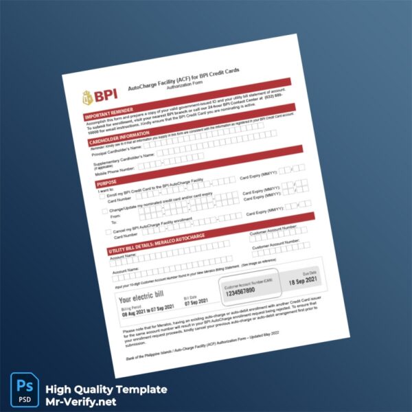 Philippines Bank of the Philippine Islands Editable Credit Card Authorization Form Template in Word and PDF formats 2 page