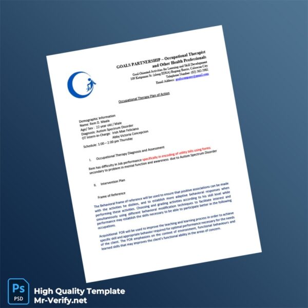 Philippines Editable Occupational Therapy Plan of Action Template in Word and PDF formats 4 page