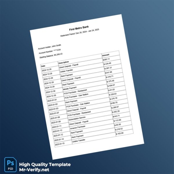Philippines First Metro Bank Bank Statement Template in Word and PDF formats 2 page
