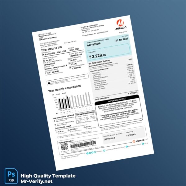 Philippines Meralco Editable Electricity Bill Template in Word and PDF formats 2 page