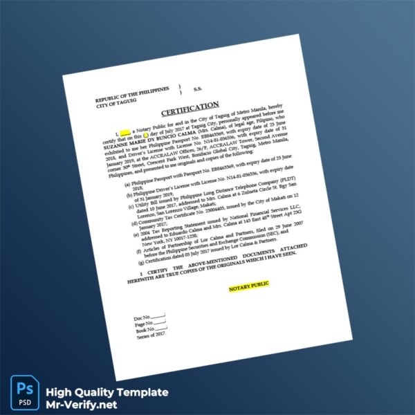 Philippines Notary Public Editable Certification Template in Word and PDF formats
