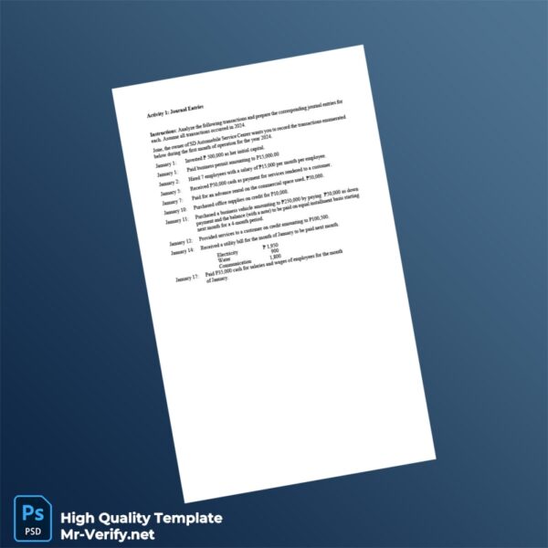 Philippines SD Automobile Service Center Editable Journal Entries Template in Word and PDF formats