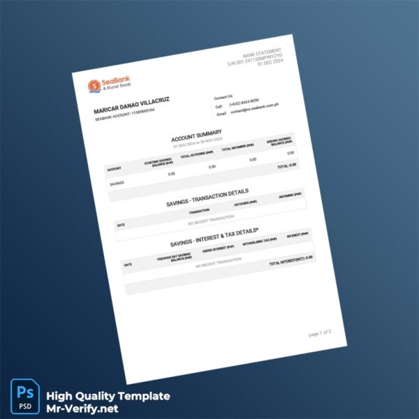 Philippines Seabank Statement Template in Word and PDF formats 2 page