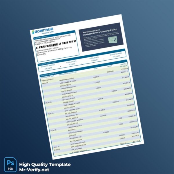 Philippines Security Bank Bank Statement Template in Word and PDF formats 4 page