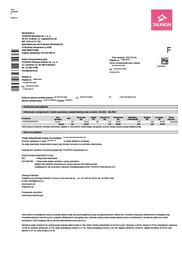 Poland TAURON Sp z o o Editable Utility Bill Template in Word and PDF formats