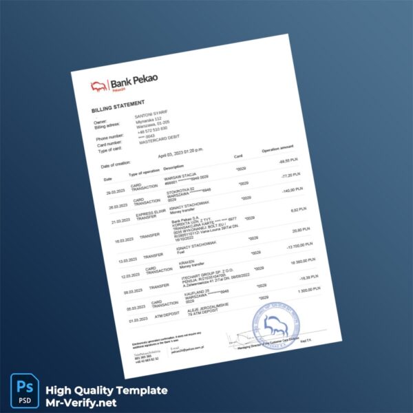 Poland Bank Pekao S A Billing Statement Template in Word and PDF formats