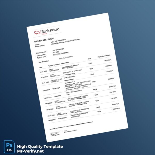 Poland Pekao S A Bank Statement Template in Word and PDF formats 2 page
