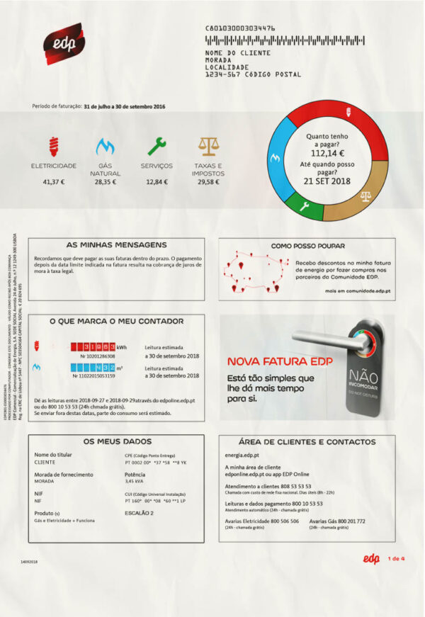 Portugal EDP Editable Utility Bill Template in Word and PDF formats