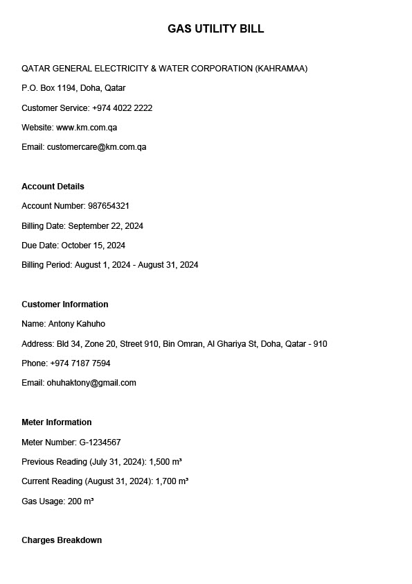 Qatar Qatar General Electricity Water Corporation Kahramaa Editable Gas Utility Bill Template in Word and PDF formats 2 page